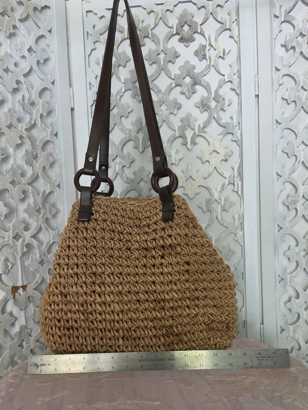 Vintage Woven Straw Tote Bag with Dark Brown Leather Straps